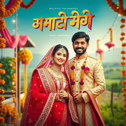 A vibrant and colorful Hindi wedding movie poster featuring a beautiful bride in an elaborate traditional red and gold lehenga, adorned with intricate embroidery and jewelry