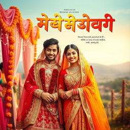 A vibrant and colorful Hindi wedding movie poster featuring a beautiful bride in an elaborate traditional red and gold lehenga, adorned with intricate embroidery and jewelry