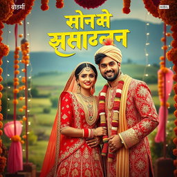 A vibrant and colorful Hindi wedding movie poster featuring a beautiful bride in an elaborate traditional red and gold lehenga, adorned with intricate embroidery and jewelry