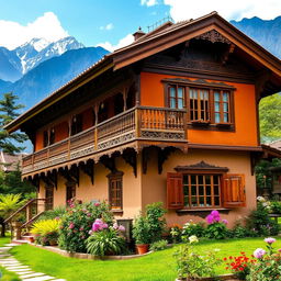 A stunning two-story traditional Nepali house, beautifully designed with intricate wood carvings and vibrant colors