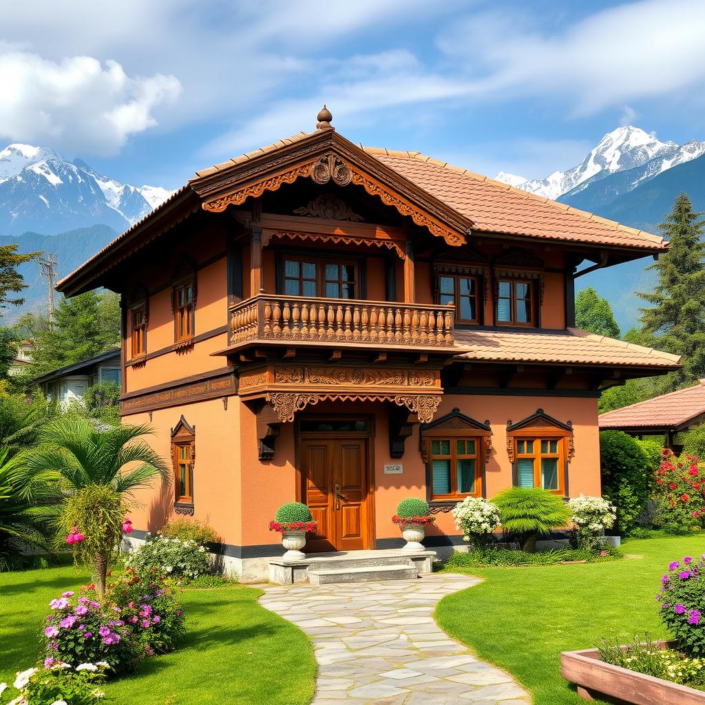 A stunning two-story traditional Nepali house, beautifully designed with intricate wood carvings and vibrant colors