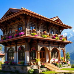 A stunning two-story traditional Nepali house featuring intricate wooden carvings, a sloping roof with clay tiles, and vibrant colors