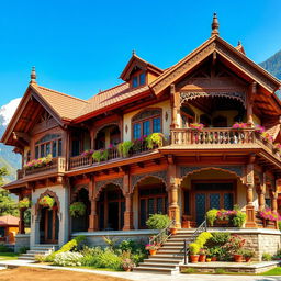 A stunning two-story traditional Nepali house featuring intricate wooden carvings, a sloping roof with clay tiles, and vibrant colors