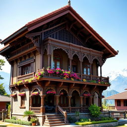 A stunning two-story traditional Nepali house featuring intricate wooden carvings, a sloping roof with clay tiles, and vibrant colors