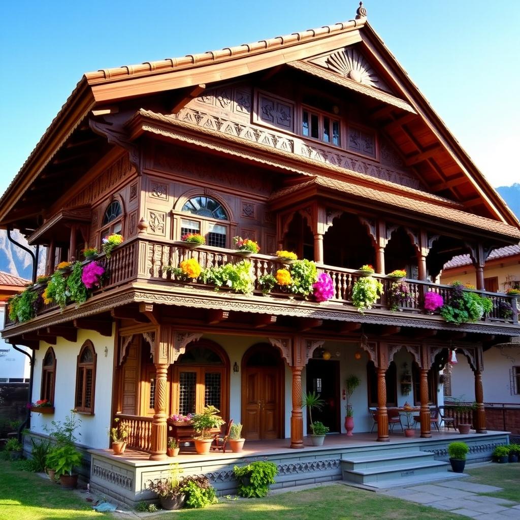 A stunning two-story traditional Nepali house featuring intricate wooden carvings, a sloping roof with clay tiles, and vibrant colors