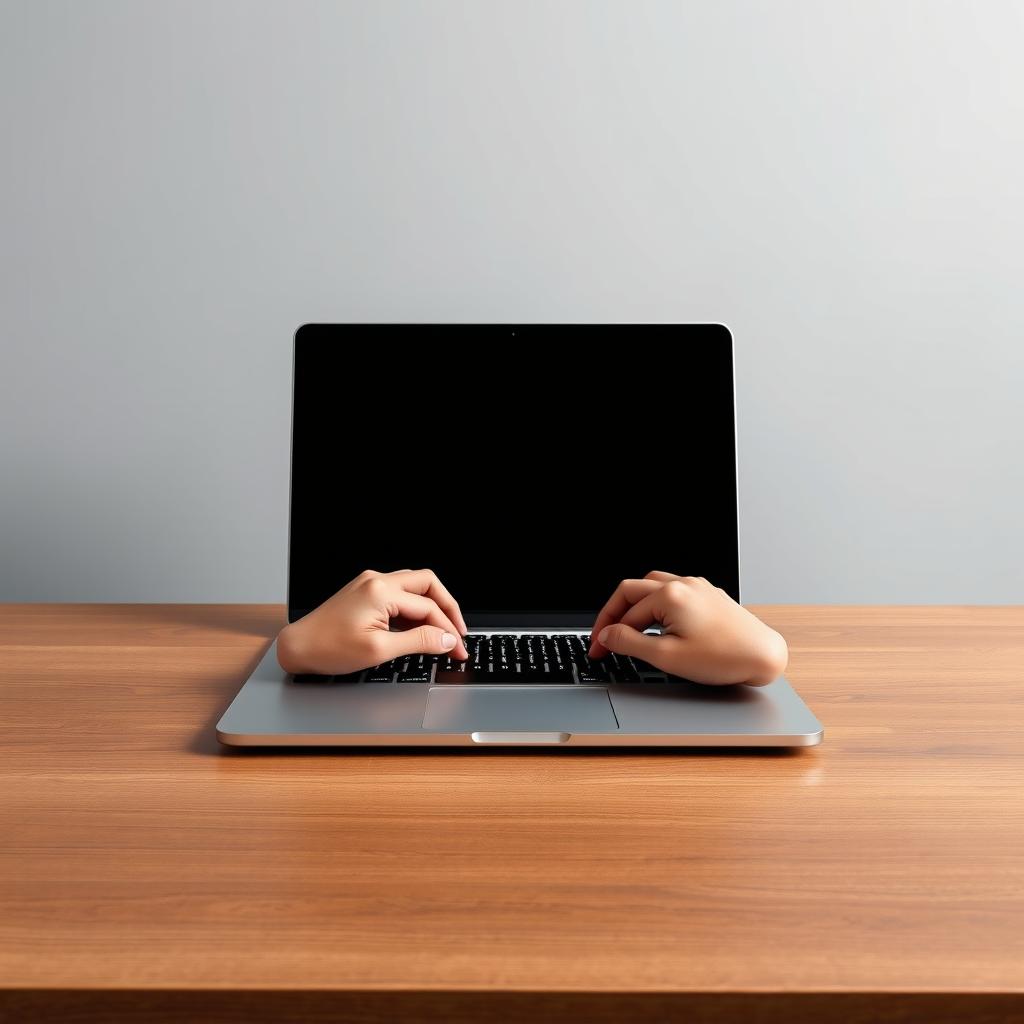 A minimalist photograph captured in stunning 8k resolution, showcasing light-skinned hands typing on a laptop keyboard