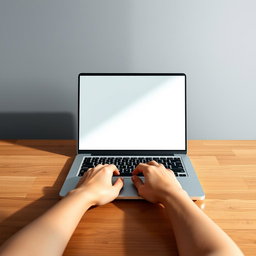 A minimalist photograph captured in stunning 8k resolution, showcasing light-skinned hands typing on a laptop keyboard