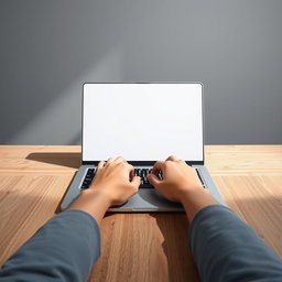 A minimalist photograph captured in stunning 8k resolution, showcasing light-skinned hands typing on a laptop keyboard