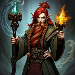 A female dwarf wizard standing confidently, dressed in ornate robes adorned with intricate patterns and rich colors, showcasing her powerful presence
