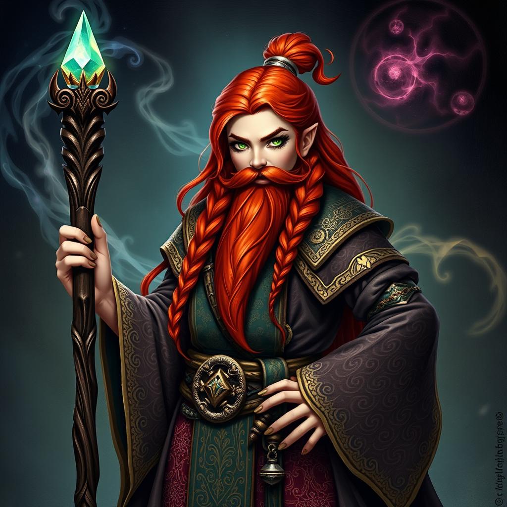 A female dwarf wizard standing confidently, dressed in ornate robes adorned with intricate patterns and rich colors, showcasing her powerful presence