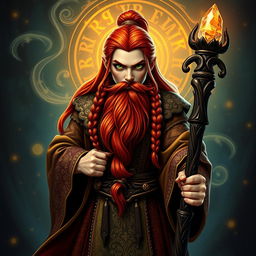 A female dwarf wizard standing confidently, dressed in ornate robes adorned with intricate patterns and rich colors, showcasing her powerful presence