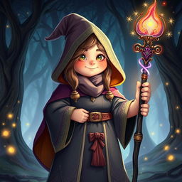 A female medieval wizard, depicted with a whimsical and enchanting aura