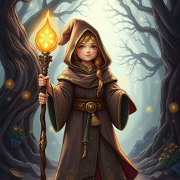A female medieval wizard, depicted with a whimsical and enchanting aura