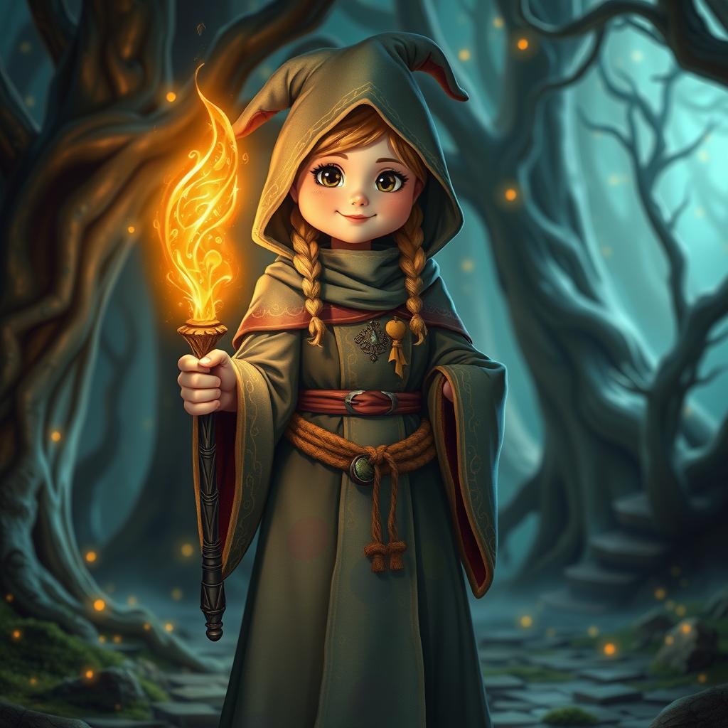 A female medieval wizard, depicted with a whimsical and enchanting aura