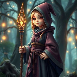 A female medieval wizard, depicted with a whimsical and enchanting aura