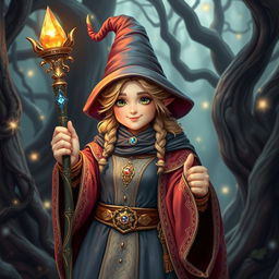 A female adult medieval wizard, characterized by her whimsical charm and magical prowess