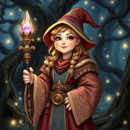 A female adult medieval wizard, characterized by her whimsical charm and magical prowess