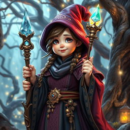 A female adult medieval wizard, characterized by her whimsical charm and magical prowess