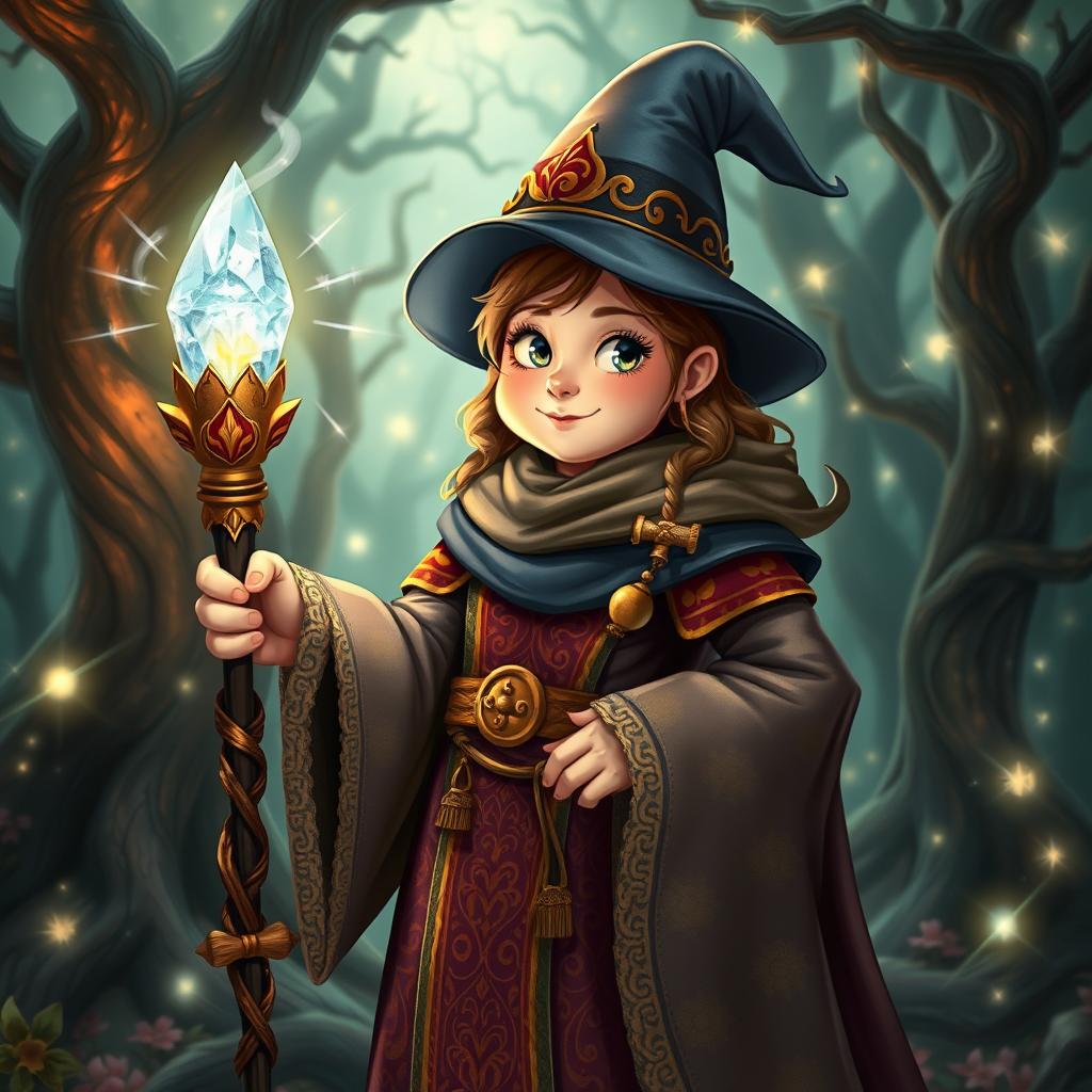 A female adult medieval wizard, characterized by her whimsical charm and magical prowess