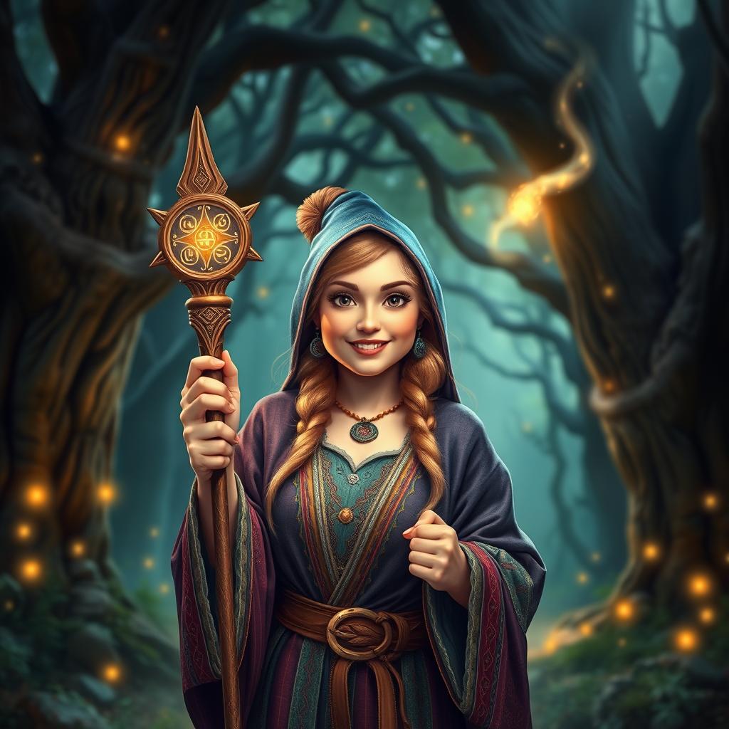 A 30-year-old female medieval wizard with a charming and approachable demeanor