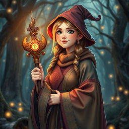 A 30-year-old female medieval wizard with a charming and approachable demeanor