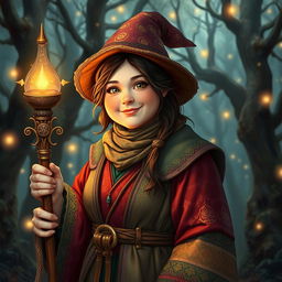 A 30-year-old female medieval wizard with a charming and approachable demeanor