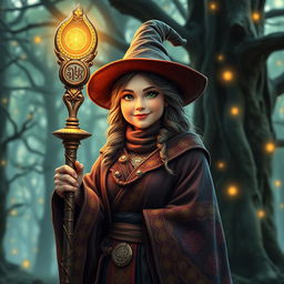 A 30-year-old female medieval wizard with a charming and approachable demeanor