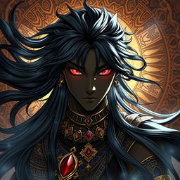 A Light Novel cover in the Genshin Impact art style featuring a striking black male character with long, flowing black hair that shines brilliantly, set against a rich, detailed background inspired by Aztec culture