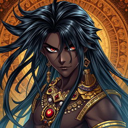 A Light Novel cover in the Genshin Impact art style featuring a striking black male character with long, flowing black hair that shines brilliantly, set against a rich, detailed background inspired by Aztec culture