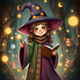 A whimsical female wizard with a round, cheerful face, wearing a large, colorful robe adorned with stars and moons