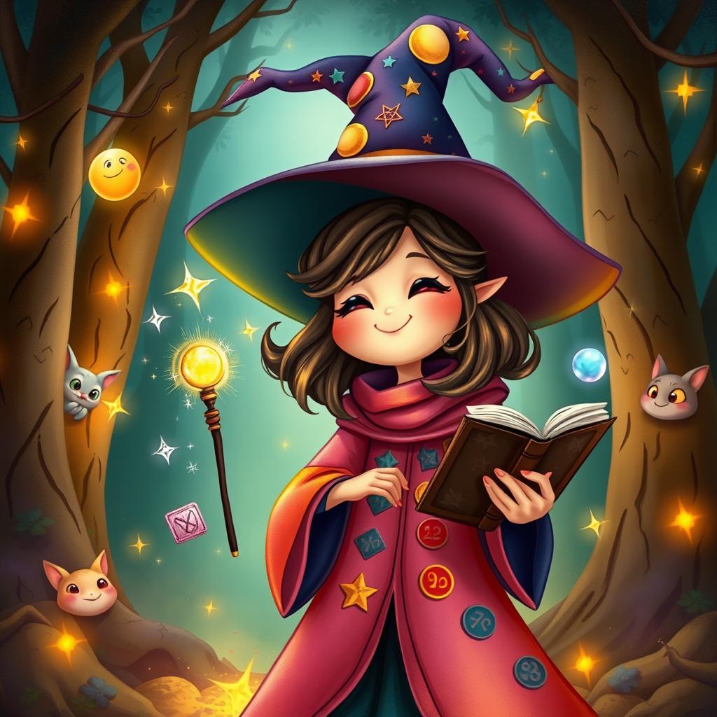 A whimsical female wizard with a round, cheerful face, wearing a large, colorful robe adorned with stars and moons