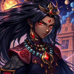 A detailed illustration in the Genshin Impact art style featuring a black male character with long, shining black hair that flows elegantly