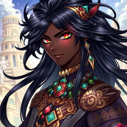 A detailed illustration in the Genshin Impact art style featuring a black male character with long, shining black hair that flows elegantly
