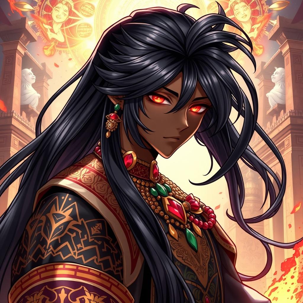 A detailed illustration in the Genshin Impact art style featuring a black male character with long, shining black hair that flows elegantly