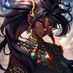 A detailed illustration in the Genshin Impact art style featuring a black male character with long, shining black hair that flows elegantly