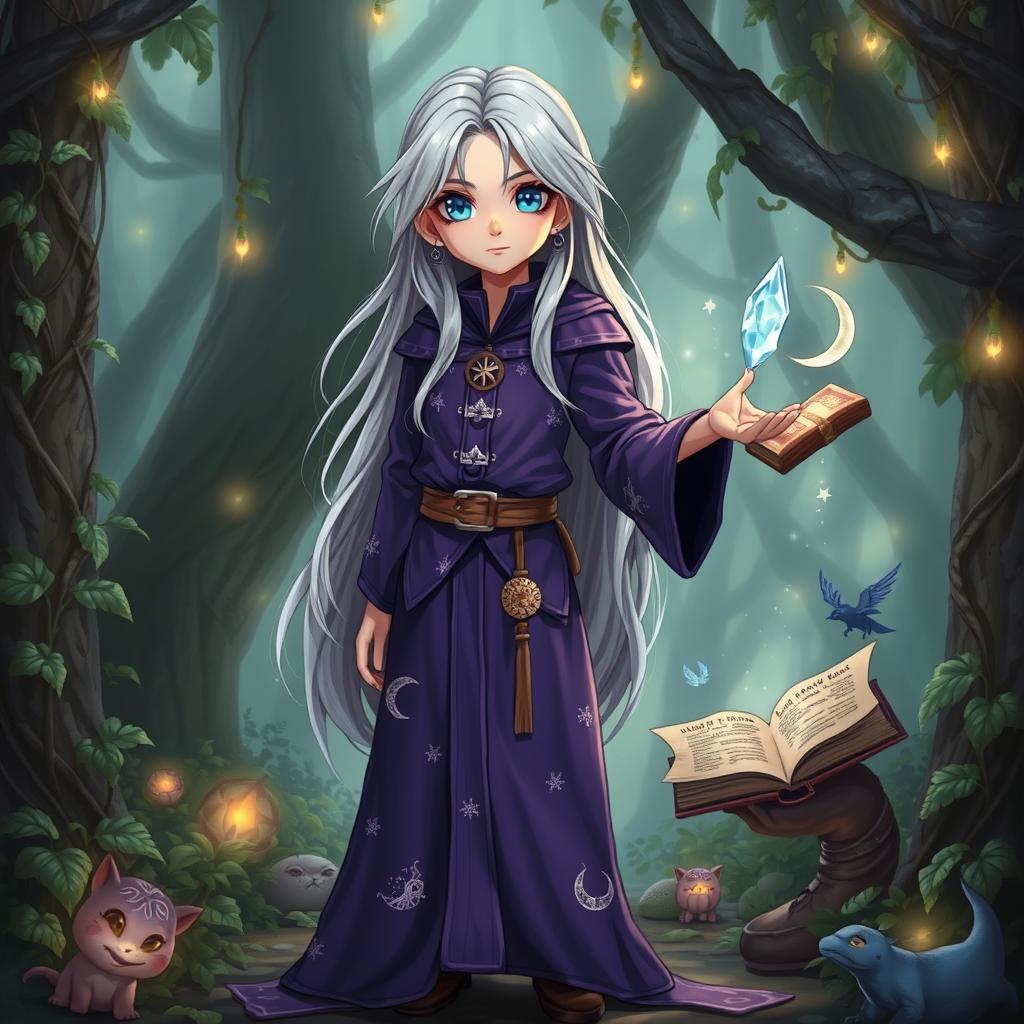 A short female wizard standing confidently in a mystical forest