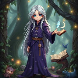A short female wizard standing confidently in a mystical forest