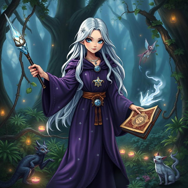 A short female wizard standing confidently in a mystical forest