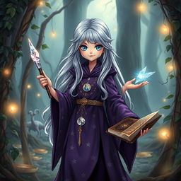 A short female wizard standing confidently in a mystical forest
