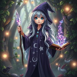 A short female wizard standing confidently in a mystical forest
