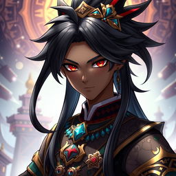 A Genshin Impact character model showcasing a black male with long, shining black hair that glistens in the light