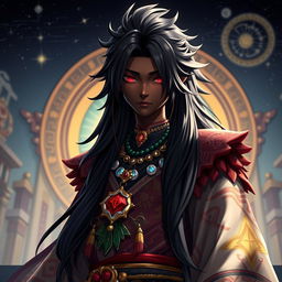 A Genshin Impact character model showcasing a black male with long, shining black hair that glistens in the light
