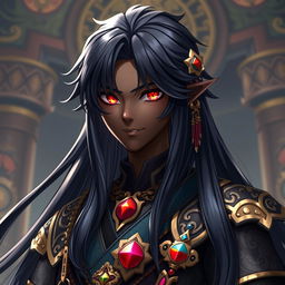 A Genshin Impact character model showcasing a black male with long, shining black hair that glistens in the light