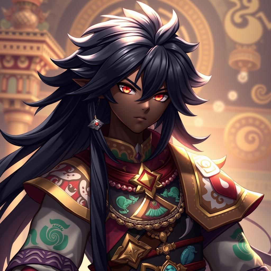 A Genshin Impact character model showcasing a black male with long, shining black hair that glistens in the light
