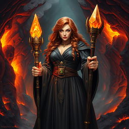 A thick female wizard standing majestically inside a volcanic cave