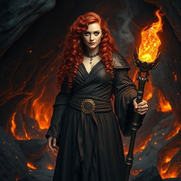 A thick female wizard standing majestically inside a volcanic cave