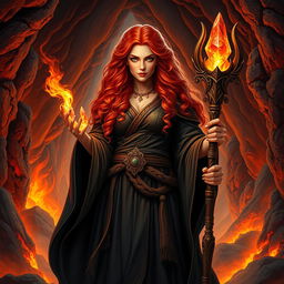A thick female wizard standing majestically inside a volcanic cave