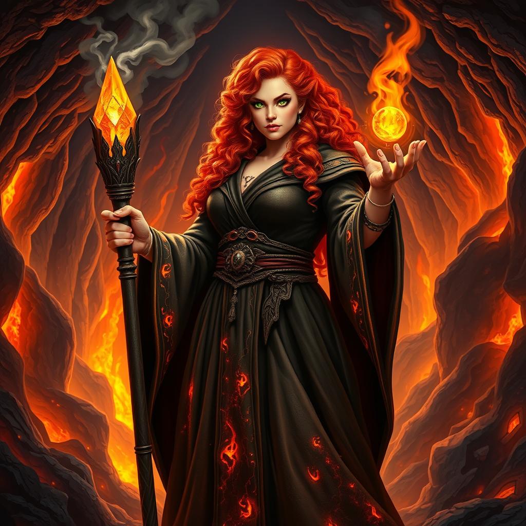 A thick female wizard standing majestically inside a volcanic cave