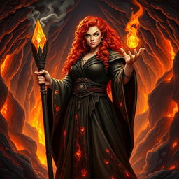 A thick female wizard standing majestically inside a volcanic cave
