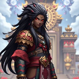 A tall character model in the Genshin Impact art style featuring a black male with long, flowing black hair that shines brilliantly